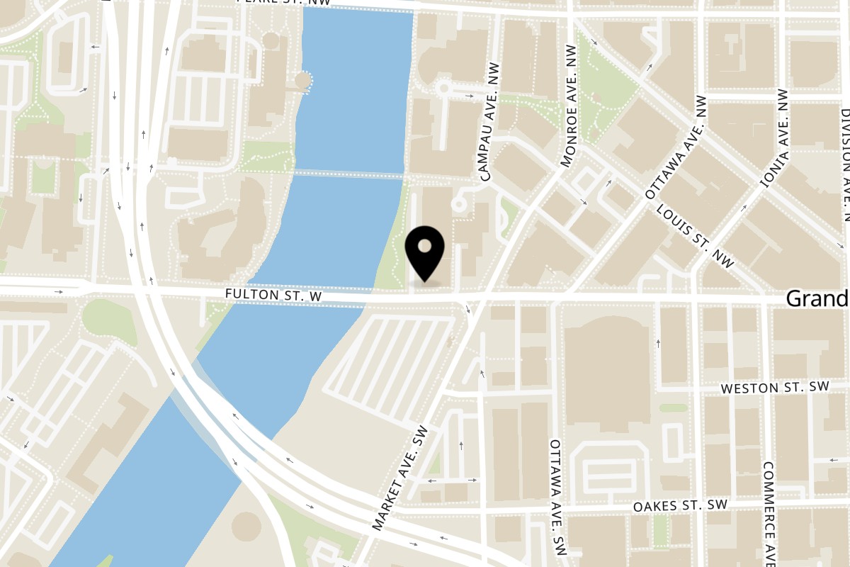Map showing the location of Pind Indian Cuisine on 241 Fulton St W in Grand Rapids